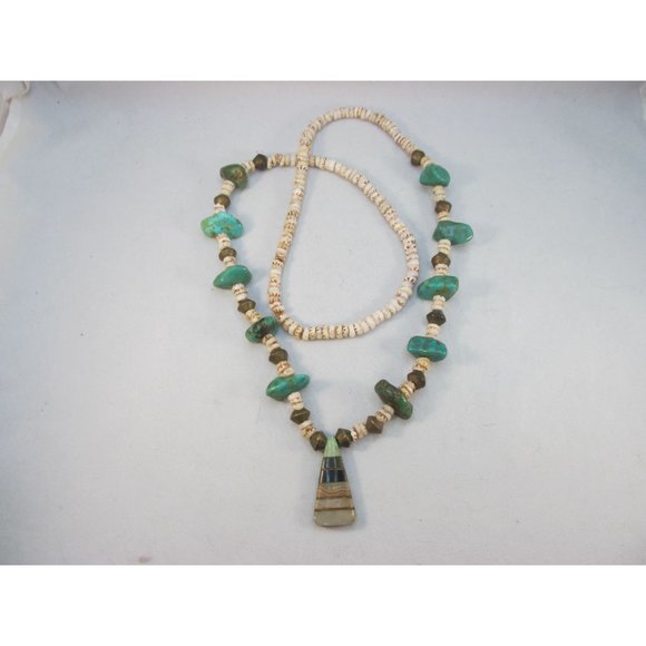 Southwestern Turquoise Nugget Brass Shell Pendant Necklace - Picture 13 of 16